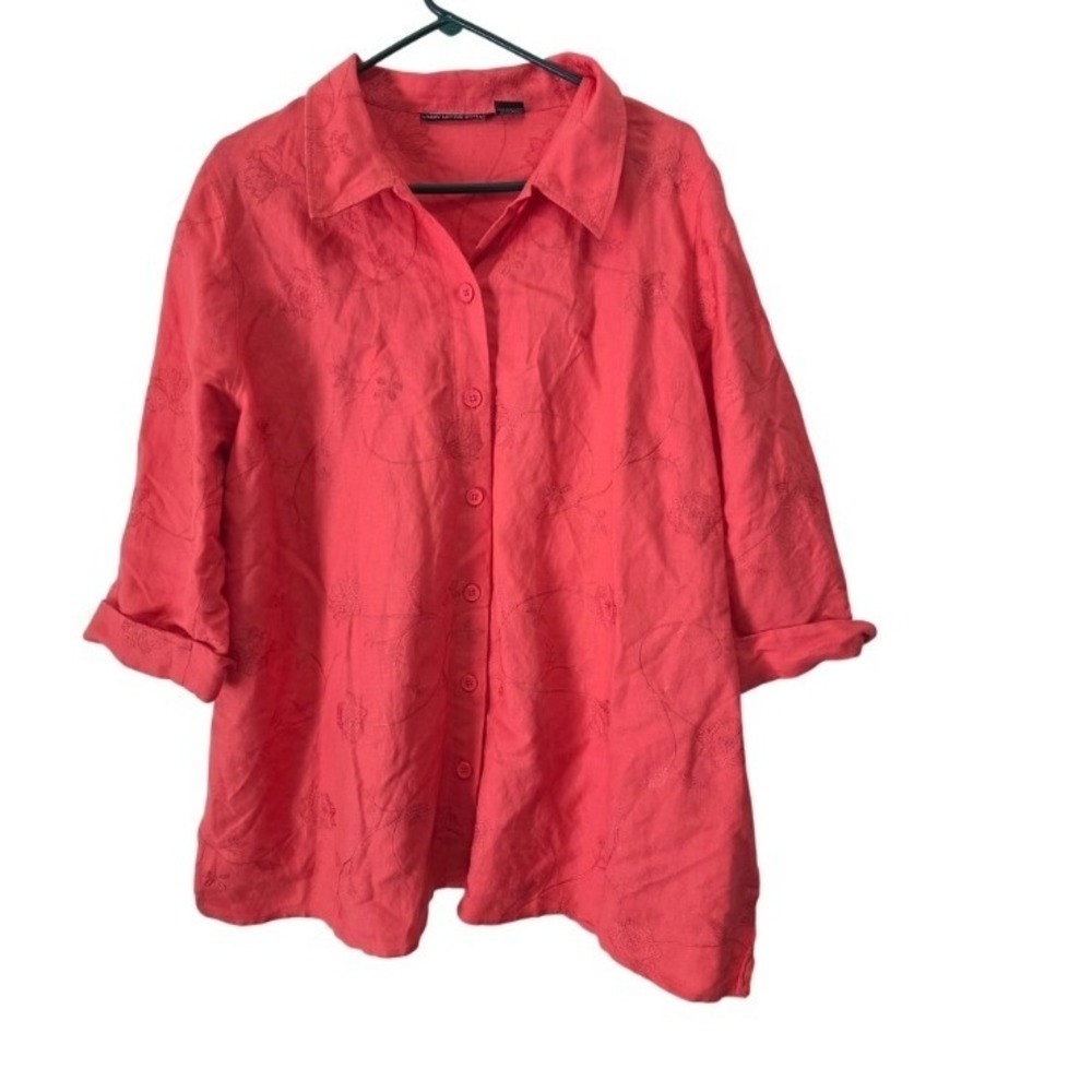 Larry Levine Embroidered Linen Blend Button Front Top 18 Womens Plus Size Pink‎
